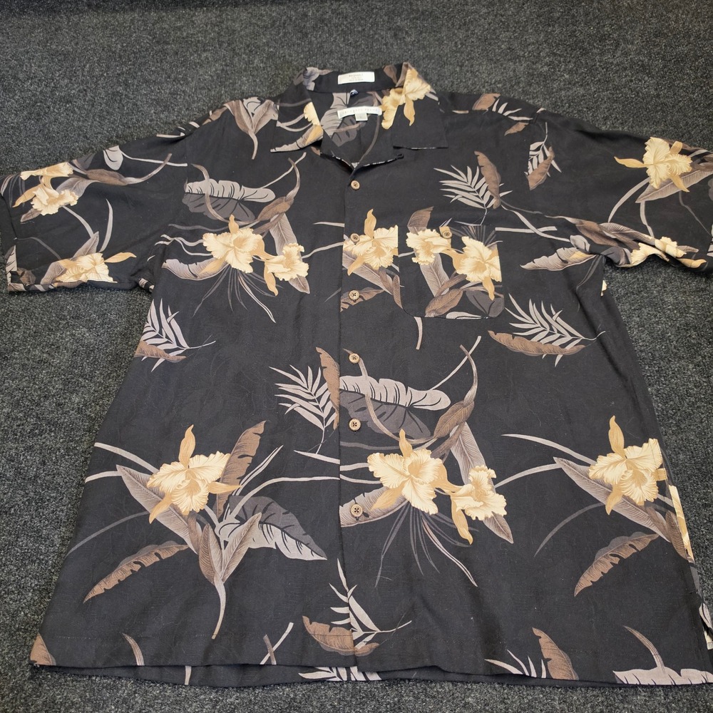 Geoffrey Beene Mens Large Silk Floral Tropical Aloha Camp Shirt Black Orchid